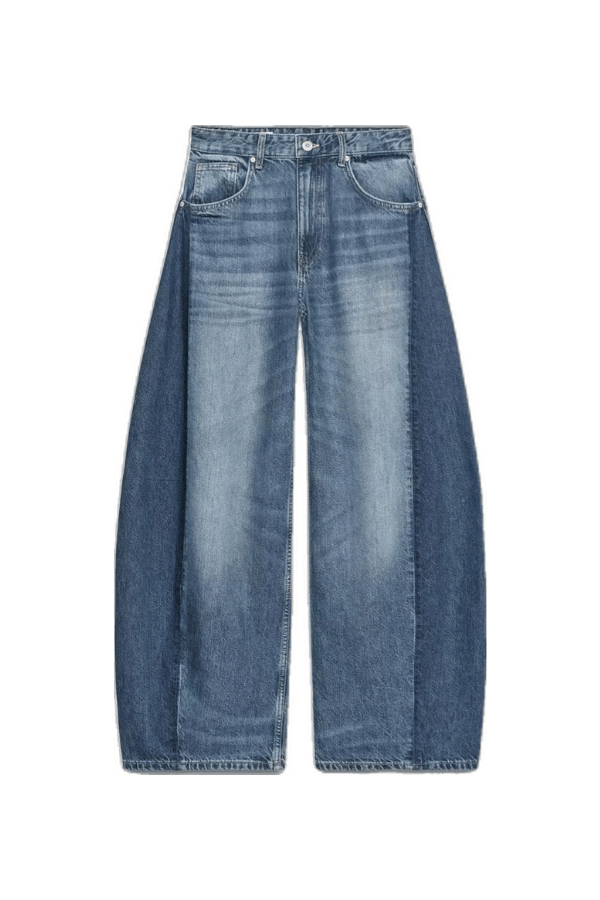 light and dark blue barrel jeans