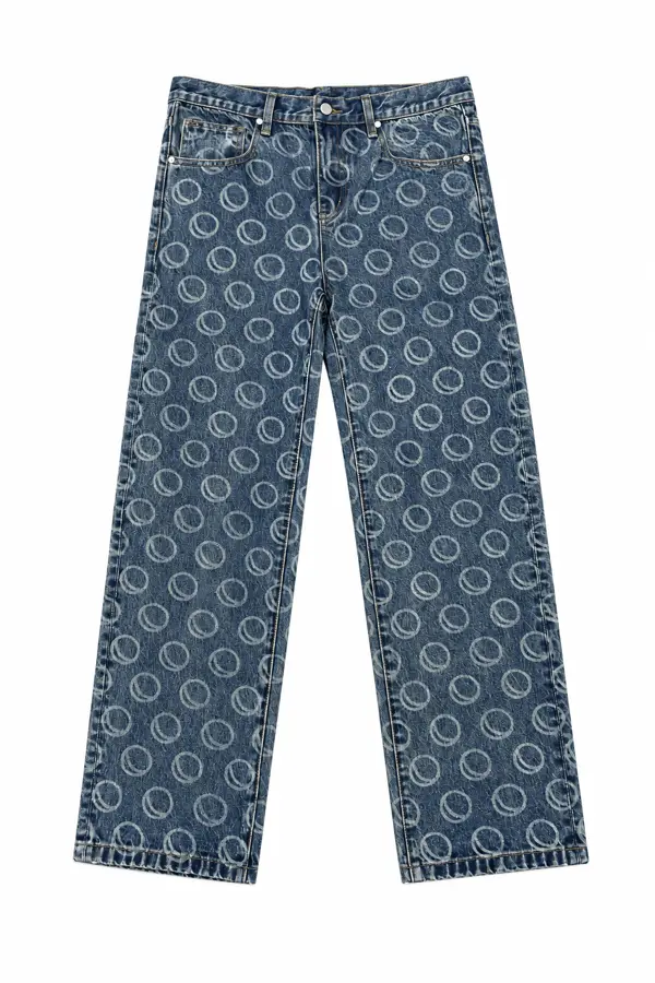 straight printed jeans with clear laser engraved prints